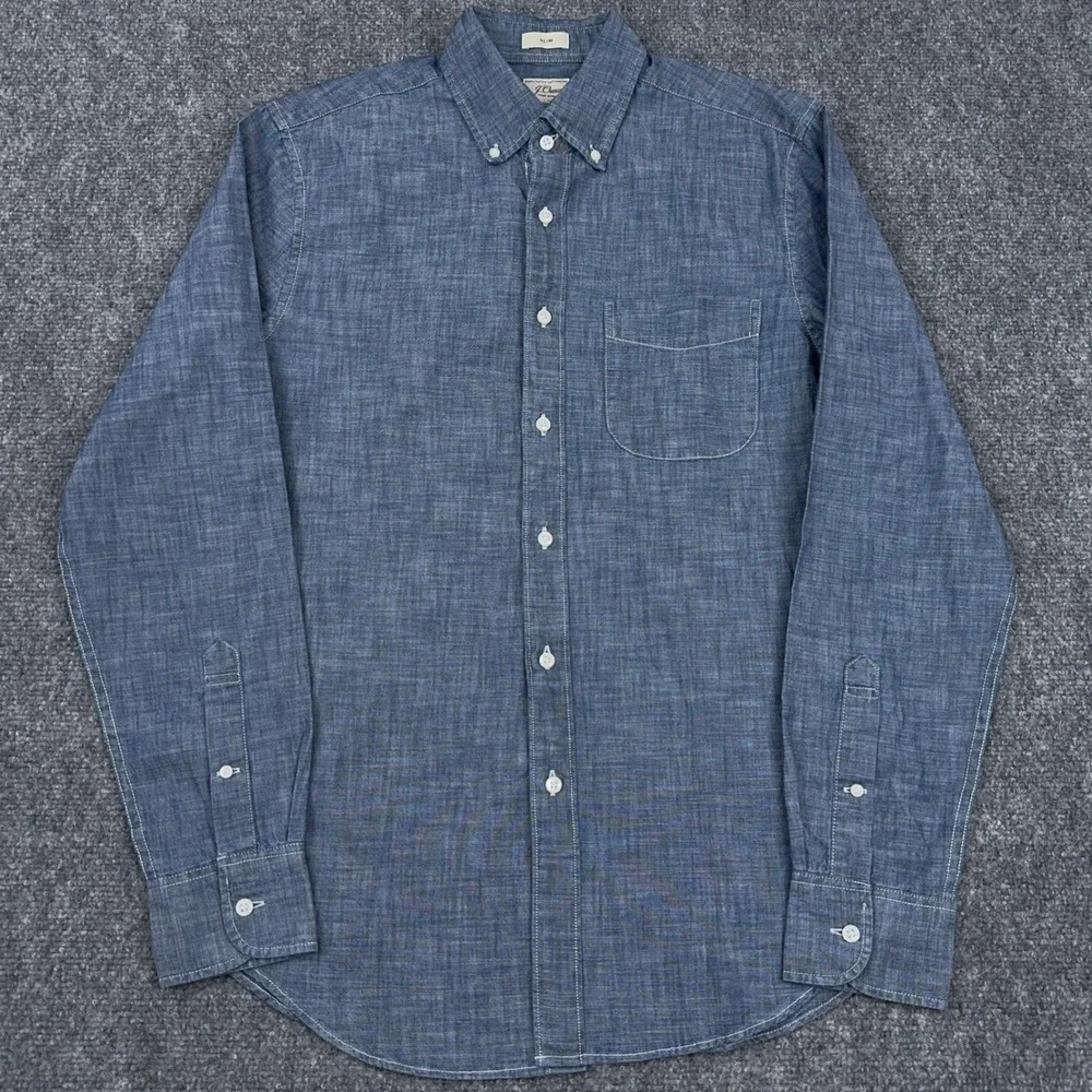 J.Crew Chambray Shirt Men Small Blue Slim Fit Organic Cotton One-Year Wash BE116